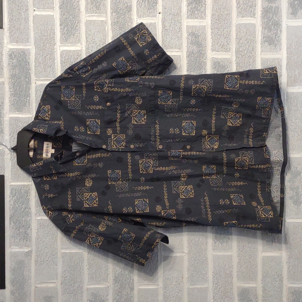 FREE w/ Bundle Campia 100% Cotton Grey Cream Blue Designs Button Down Large